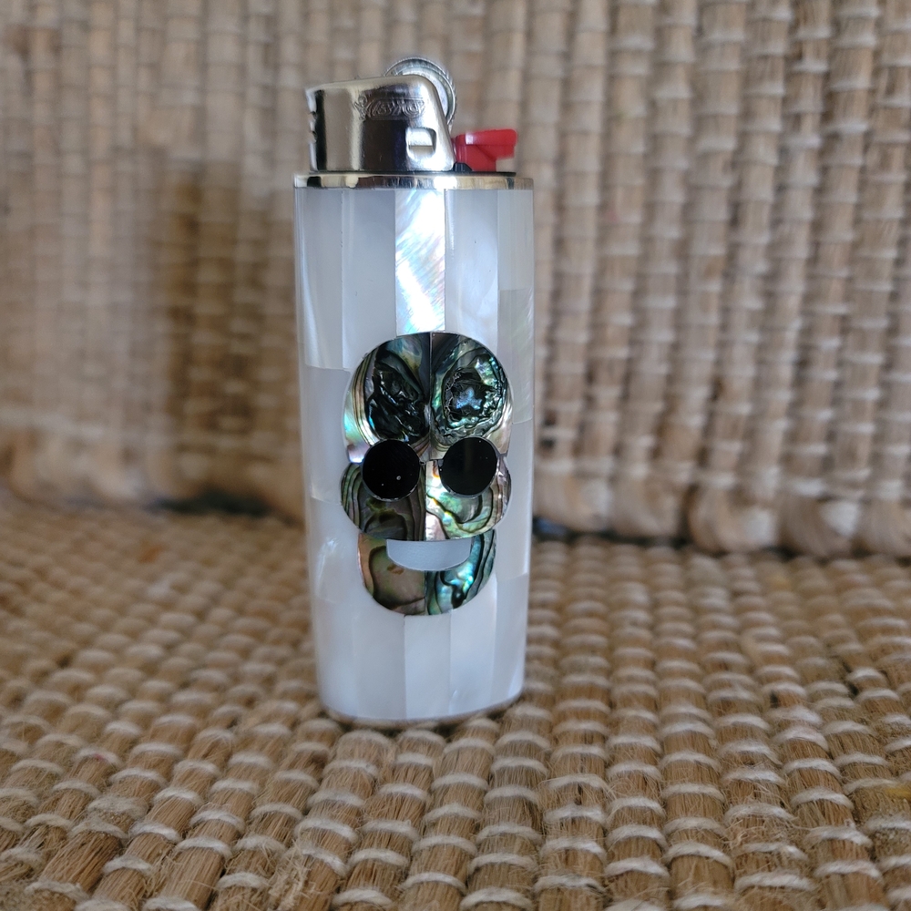 Abalone-Mother of Pearl Skull Lighter Case Abalone Shell Inlay. Fits Bic Lighter